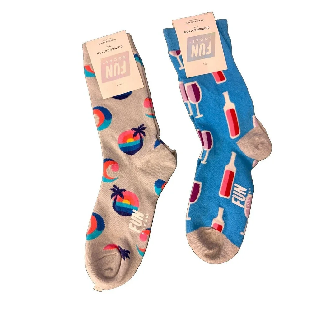 Women’s Fun Socks Crew 2-Pack Wine Tropical Novelty Size 9-11 New